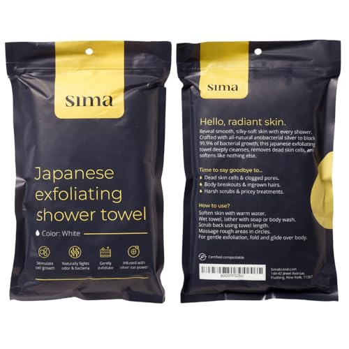 Sima Brand Exfoliating Washcloth Face & Body Scrub Towel - Japanese Exfoliating Towel with Hexagon Fibers, Body Scrubber with 2 Sides for Scrubbing & Washing, Extra Long Body Towels (White) - color: White