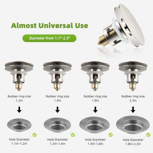 Universal Bathroom Sink Drain Stopper Strainer, Big Cover, Brushed Nickel | 2 in 1 Pop Up Sink Stopper for 1.1''~2.36'' Sink Basin Hole, Hair Catcher with Removable Stainless Steel Filter Basket - color: Brushed Nickel