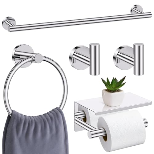 Polished Chrome Bathroom Hardware Set, 5 Pieces Chrome Towel Bar Bathroom Accessories, Upgraded Toilet Paper Holder with Shelf Set, 23.6 Inch Towel Rack Towel Holder for Bathroom Wall - color: Polished Chrome, size: 5 Pieces B