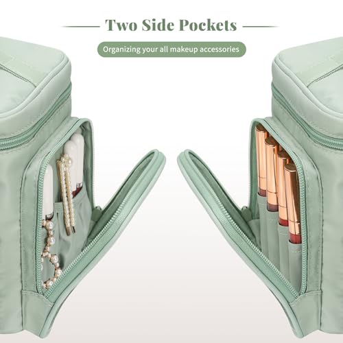 Bagmoly Large Makeup Bag, Portable Travel Makeup Bag Organizer for Women Girls with Makeup Brush Compartment & Two Side Pockets, Cosmetic Travel Bag Vertical Storage Toiletry - Green - color: 07-Nylon Green, size: Medium