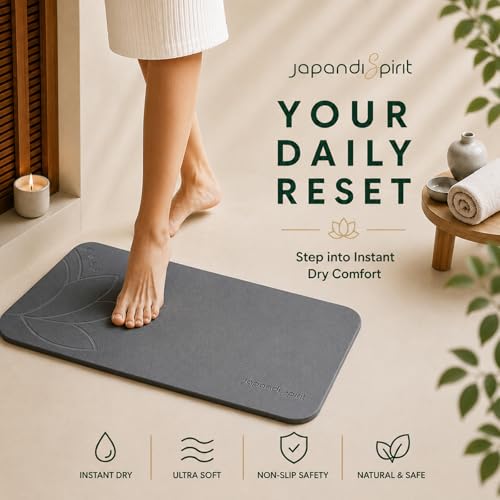 Bathroom Stone Mat Quick Dry – Stone Bath Mat for Bathroom, Diatomaceous Earth Bath Mat, Non Slip Stone Mat 23.6”×15.4” | East Lotus by JapandiSpirit - color: East Lotus