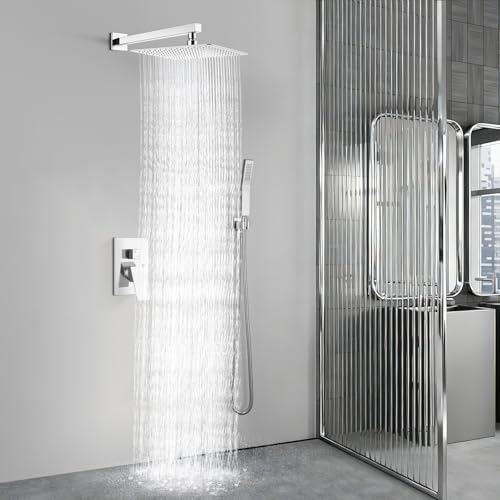 Aolemi Shower Faucet Set Rain Shower System with Handheld Spray Bathroom Shower Combo Rough-in Valve and Shower Trim Kit Included Polish Chrome 16 Inch Wall Mount Shower Head - color: Polish Chrome, size: 16 Inch Wall Mount Shower Head