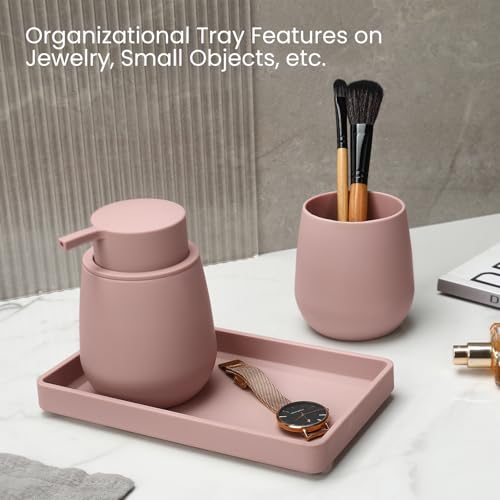 Bathroom Accessories Set, Modern 3 Pcs Bathroom Essentials - Soap Dispenser, Toothbrush Holder & Tray, Countertop Vanity Organizer (Pink) - color: Pink