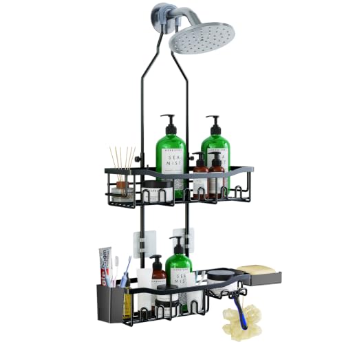 Upgraded Extended Length Shower Organizer with 16 Hooks, Rustproof Shampoo Soap Storage, Large Hanging Bathroom Caddy with Soap and Toothbrush Holder - color: Black with Toothbrush