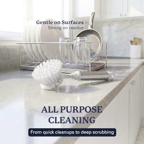 Farberware Dish Brush with Handle, 2 Pack, Firm Bristles | Kitchen scrub brush and dish scrubber removes grease, reaches pot and pan edges, 8in, round head, marble-look design - color: White Marble Round