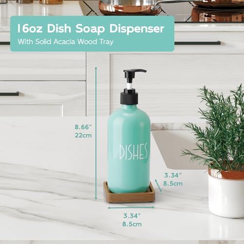 Turquoise Glass Dish Soap Dispenser with Acacia Wood Tray, 16 oz Refillable Kitchen Soap Pump Bottle, Decorative Teal Countertop Soap Dispenser Set for Kitchen, Bathroom, Restaurant - color: Turquoise-dish