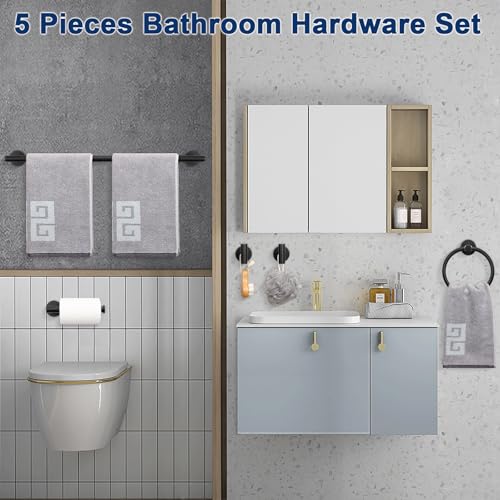 NearMoon 5 Pieces Bathroom Hardware Set SUS304 Thicken Stainless Steel-Towel Rack Kit Include 24" Towel Rod + Bath Towel Ring + Toilet Paper Holder + Robe Towel Hooks Bath Accessories (Matte Black) - color: Matte Black