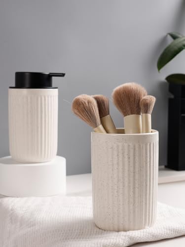 Bosilunlife Soap Dispenser and Toothbrush Holder Set - Dish Hand Soap Dispenser Bathroom Set Ceramic Bathroom Counter Soap Toothbrush Holder Set Beige Bathroom Accessories Set - color: Beige Cylinder Stripes Liquid Pump & Toothbrush Holder