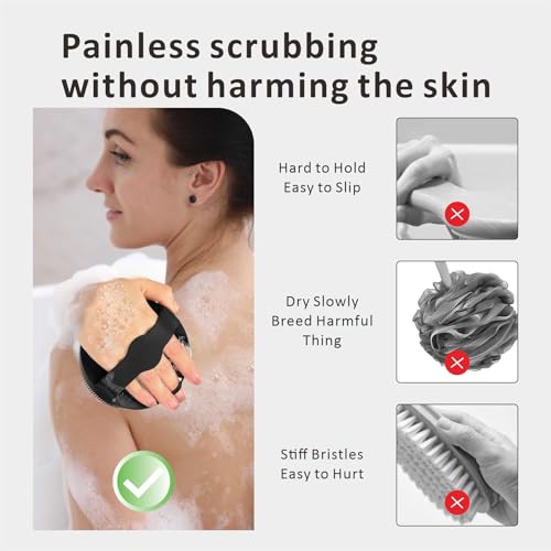 Back Body Scrubber & Face Scrubber for Shower - 15 Inch Long Handle Double Sided Silicone Body Brush for Exfoliation & Massage, Soft Facial Cleansing Brush, Rich Lathering for Deep Cleansing (Gray) - color: Gray