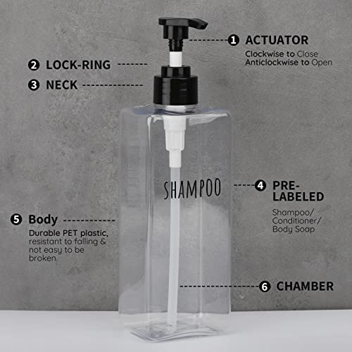 Segbeauty Clear Square Shampoo Bottles, 3pcs 16.9oz Refillable Plastic Lotion Dispenser with Pump, 500ml Empty Reusable Bathroom Shower Bottle Dispense Shampoo Conditioner Body Soap Liquid Gel - color: Clear, style: 16.9oz