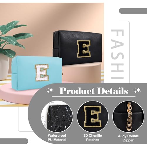 Personalized Initial A-Z Preppy Patch Makeup Bag,Small PU Chenille Letter Cosmetic Bag with Zipper for Teen Girls,Black Cute Toiletry Organizer Bag,Monogram Makeup Case Gift for Women Girls,Letter E - color: Black,Black-Letter, size: E
