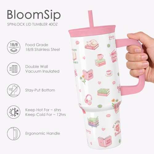 SANDJEST Book Lover Stainless Steel Locking Lid Silicone Straw Tumbler with Handle 40oz, Insulated Stainless Steel Travel Cup for Women Bookworm, Gift Idea for Birthday Christmas - color: Book Lover