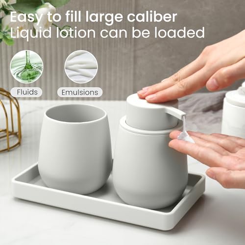 Bathroom Accessories Set, Modern 3 Pcs Bathroom Essentials - Soap Dispenser, Toothbrush Holder & Tray, Countertop Vanity Organizer (Beige) - color: Beige