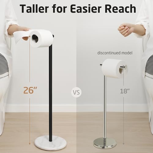 KES Extra High Black Toilet Paper Holder Freestanding 26", Toilet Paper Holder Stand with Natural Marble Base, Floor Free StandingToilet Paper Holder 18/8 Stainless Steel Matte Black, BPH284S66-BK - color: White Marble & Black Bar, size: 26"H