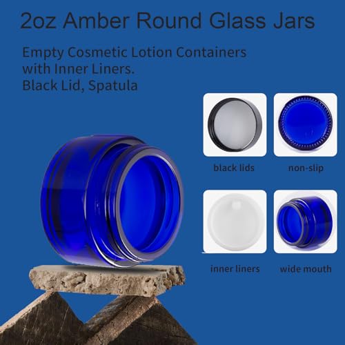 OverNews 4PCS 2oz Glass Jar Travel Size, Empty Cosmetic Lotion Container with Black Lid & Spatula, Small Mini Jar for Beauty (Blue) - color: Blue, size: 4