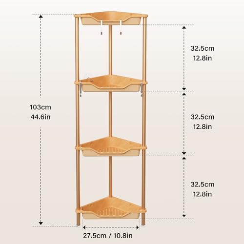 Orimade Rustproof 4 Tier Floor Standing Corner Shower Caddy Organizer, Plastic Aluminum Splicing Floor Corner Shelf Rack Storage Stands for Bathroom, Wood Grain Surface - color: Wood Grain-aluminum, size: 4 Tier