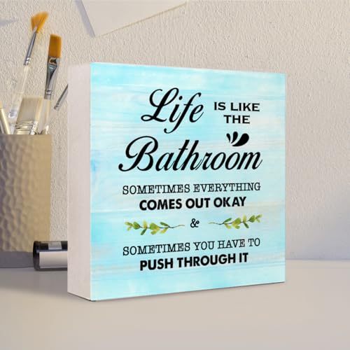 Blue Life is Like The Bathroom Wooden Box Sign Desk Decor,Funny Bathroom Wood Block Sign for Farmhouse Toilet Shelf Decor - color: Blue