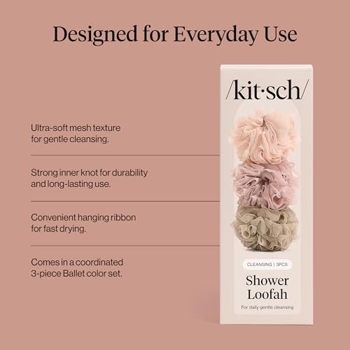 Kitsch Shower Loofah – Soft Mesh Body Scrubber & Bath Sponge for Daily Gentle Cleansing – Durable Loofah for Men and Women with Hanging Loop, Eco-Friendly, 100% PCR Material – 3pc Set, Ballet