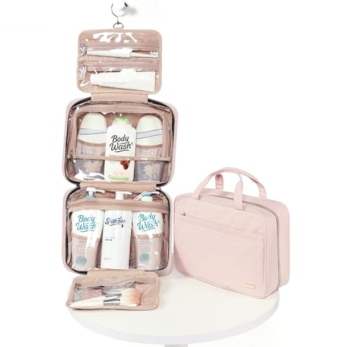 NISHEL Travel Toiletry Bag for women, Portable Hanging Organizer for Family-Sized Shampoo, Conditioner, Brushes Set, Makeup Accessories, Extra Large Size, Pink - color: Pink, size: Extra-Large