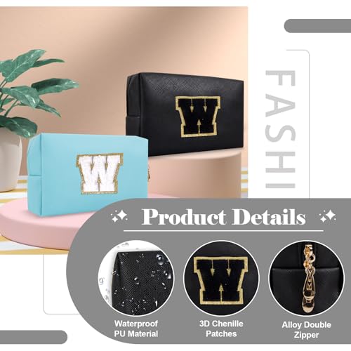 Personalized Initial A-Z Preppy Patch Makeup Bag,Small PU Chenille Letter Cosmetic Bag with Zipper for Teen Girls,Black Cute Toiletry Organizer Bag,Monogram Makeup Case Gift for Women Girls,Letter W - color: Black,Black-Letter, size: W