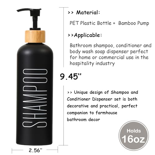 HOMCDALY 16oz 3-Pack Refillable Black Bathroom Shower Set - Empty Bottles with Pump for Shampoo, Conditioner, or Body Wash - color: Black&bamboo Pump