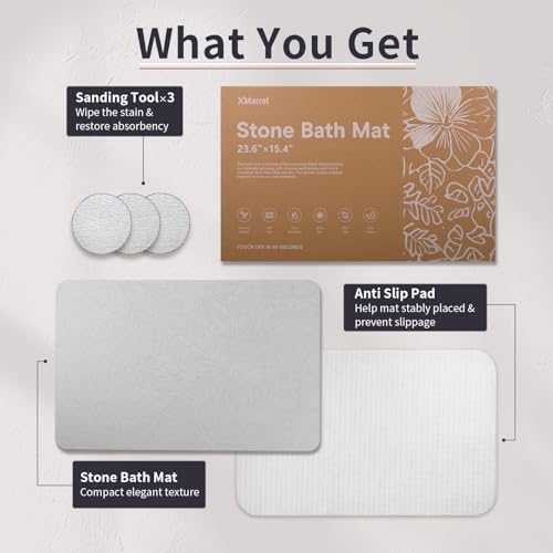XMarrat Stone Bath Mat Large, 23.6'' x 15.4'' Diatomaceous Earth Non-Slip Stone Shower Mat, Super Absorbent Diatomite Stone Mats for Bathroom, Quick Drying, Easy to Clean (Light Gray) - color: Light Grey F1, size: 23.6" x 15.4" (Rectangular)