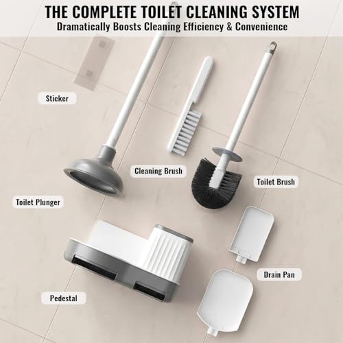 3-in-1 Toilet Brush and Plunger Set with Hidden Holder, Vented Stand & Drip Tray, Hangable or Freestanding, 360° Deep-Clean Brush Head + Gap Brush, Shatter-Resistant Handles（White）