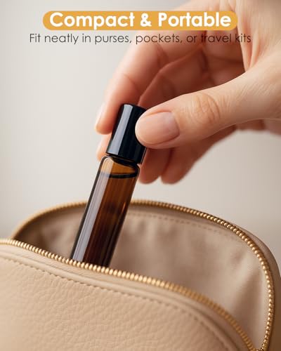 Worldgsb 4 Pack Essential Oil Roller Bottles, 10ml Refillable Amber Glass Roller Bottles with Stainless Steel Roller Balls and Caps for Travel, Perfume and Lip Gloss - color: Amber, style: 4 Pack