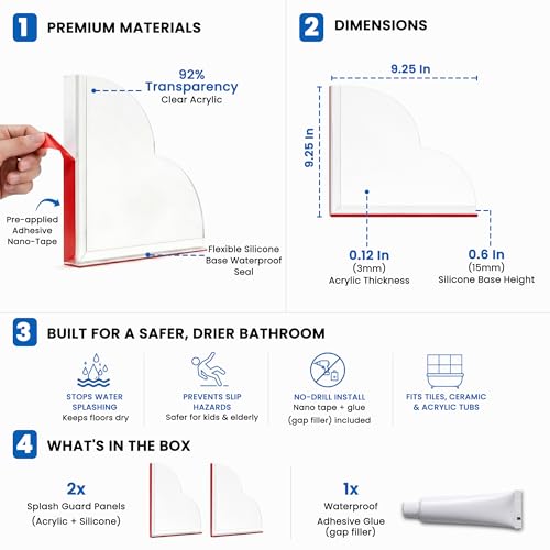 Shower Corner Splash Guard, 9.25" x 9.25" Clear Acrylic Tub and Shower Corner Water Barrier with Silicone Base, No-Drill Removable Design — Pack of 2