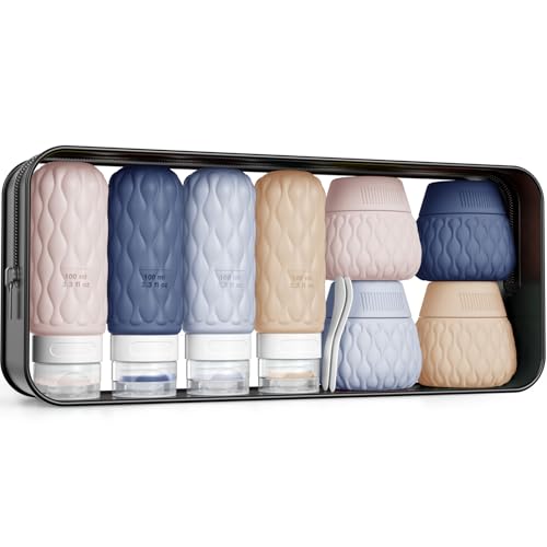 Silicone Travel Bottles for Toiletries 8 Pack Travel Size Toiletries 3.4 oz 1.7 oz, Leakproof Squeeze Travel Size Containers Refillable Cosmetic Jars Set for Shampoo, Conditioner, Creams - color: Muted Cloudy-3.4oz/1.7oz