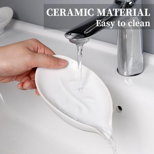 Soap Dish 2PCS, Self-Draining Bar Soap Holder, Leaf Shape Ceramic Drain Soap Dishes for Bathroom Kitchen, Easy to Clean Keeps Soap Dry, White, ANTIS'S HOME - color: White-2pcs-enhanced Draining