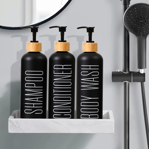 HOMCDALY 16oz 3-Pack Refillable Black Bathroom Shower Set - Empty Bottles with Pump for Shampoo, Conditioner, or Body Wash - color: Black&bamboo Pump