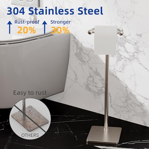 RUACQ Toilet Paper Holder Stand, Bathroom Toilet Paper Roll Holder Free Standing, Toilet Tissue Holder Stand with Post Pivoting Design, Stable Weighted Base, SUS304 Stainless Steel (Brushed Nickel) - color: Brushed Nickel, size: Free Standing