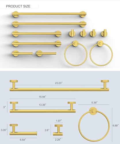 12 Pcs Brushed Gold Bathroom Accessories Set, HOMEMYSTIQUE SUS304 Stainless Steel Bathroom Hardware Set, Bath Towel Bar Set, Toilet Paper Holders, Towel Rings Racks, Robe Towel Hooks - color: Brushed Gold, size: 12 Pieces