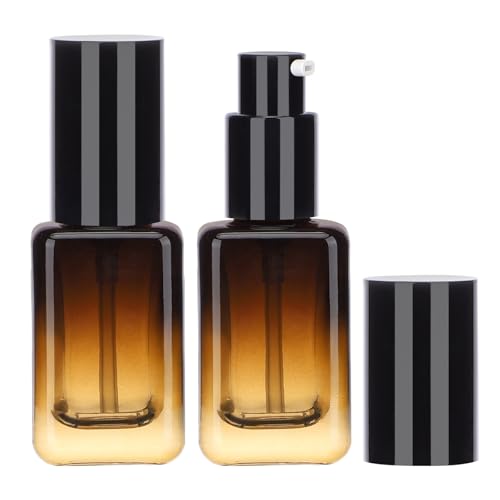 Segbeauty 1oz Glass Bottle with Pump, 30ml Empty Travel Size Pumping Lotion Dispenser Refillable, 2pcs Amber Pump Bottle Dispenser Face Cream Containers for Essential Oils Shampoo Liquid Soap Gel - size: 1oz/30ml