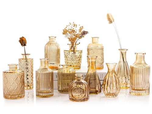 TBWIND Gold Amber Glass Bud Vases Set of 12, Small Vases for Flowers, Champagne Mini Vintage Vases for Centerpieces,Bud Vase in Bulk for Wedding Decor,Single Flowers,Office and Home Table Flower Décor - color: Amber-12pcs, size: 12Pcs