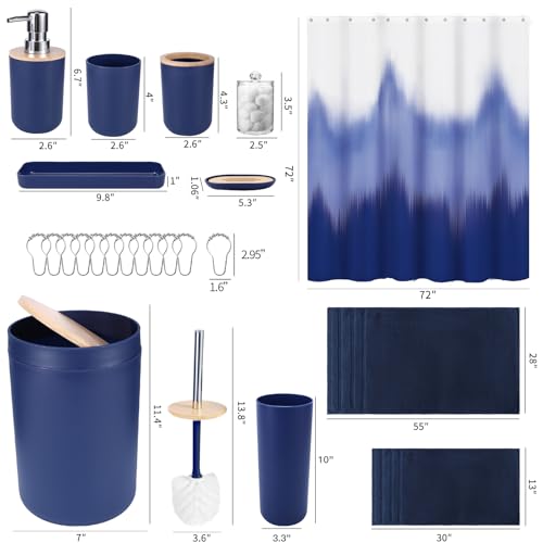 iMucci Bathroom Accessories Bathroom Sets with Shower Curtain, Bath Towel Set, Trash Can, Toilet Brush, Soap Dispenser, Bathroom Accessories Set Complete - size: Bath Set+Shower Curtain+Bath Towel Set, style: Navy Blue