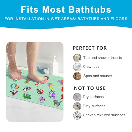 XIYUNTE Baby Bath Mat for Tub Non Slip Kids Bath Mat - 40''x16'' Extra Long Cartoon Bathtub Mat Non Slip Kids Shower Mat Eco-Friendly Toddler Bath Mats with Suction Cups, Machine Washable - color: I-green Alphabet