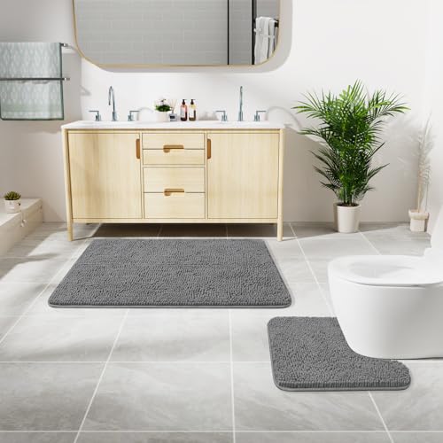 LOCHAS Bathroom Rugs Sets 2 Piece, Soft Non Slip Bath Mat Set, 20''x20'' U-Shaped Toilet Rug and 34''x21'' Light Grey Bath Rugs, Washable Absorbent Chenille Toilet Rug Set for Bathroom, Shower, Sink - color: Light Grey