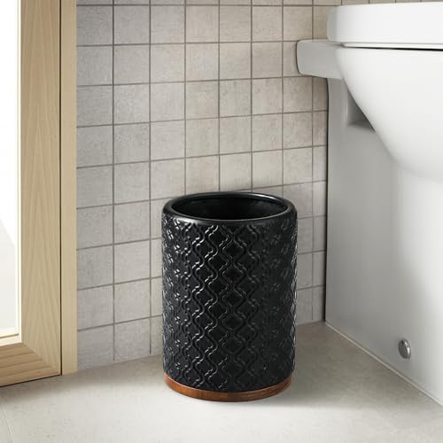 RQYIXI Elegant Bathroom Accessories Set 6 PCS Ceramic and Wood Bathroom Accessory Set Soap Dispenser Toothbrush Holder Tumbler Soap Dish Tray Trash Can Easy to Clean Quatrefoil Pattern Black - color: Black Trash Can