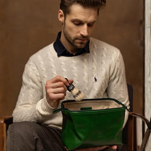 Time Resistance Leather Toiletry Bag - Italian Cosmetic Case Dopp Kit (Green) - color: Green