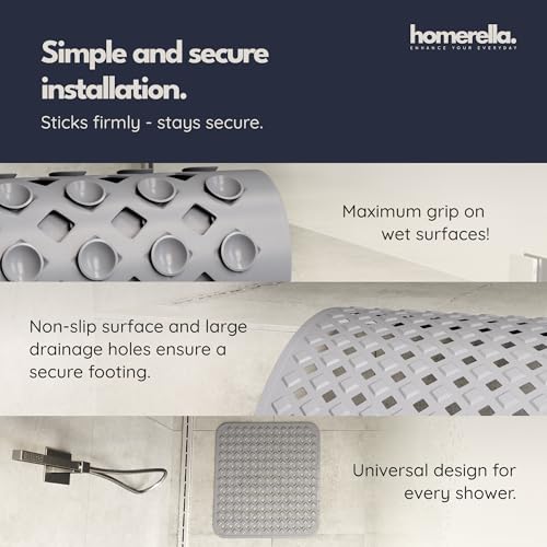 homerella® Shower Mat Non Slip Anti Mold, Non Slip Shower Mats for Inside Shower Stall Anti Slip Mat, Square Shower Floor Mat 21 x 21 in with Suction Cups & Hooks for Quick Drying, Machine Washable - color: Grey