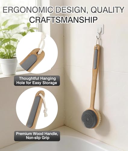 Back Scrubber for Shower + Body Scrubber 2 Pack - Dual Sided Silicone & Nylon Bristles Lather Well, Exfoliating Anti-Slip Wood Long Handle Back Scrubber Body Exfoliator for Wet/Dry Bath Brush Grey - color: Grey