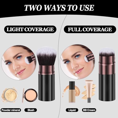 Retractable Makeup Brushes, 2 Pack Travel Kabuki Blush Makeup Brush | Face Powder Foundation Brushes for Blending Liquid, Blush, Bronzer, Buffing, Flawless Cosmetics, with Aluminum Handle, Cover - color: Brown&Black