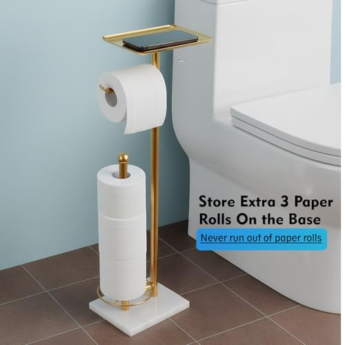 Gold Toilet Paper Holder with Shelf, Free Standing Toilet Paper Holder with Storage - Toilet Paper Stand for Holding Extra 3 Rolls, Tissue Holder for Bathroom (Gold with Marble Base) - color: Gold With Marble Base