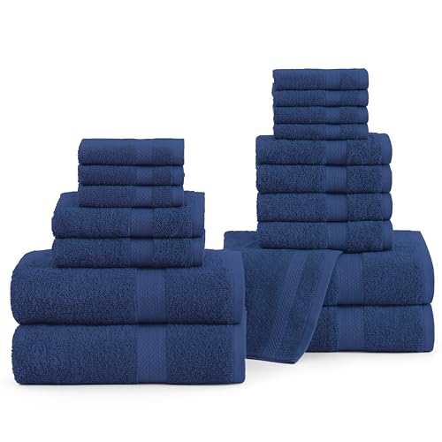 LANE LINEN Cotton Bath Towel Set - 18 Piece - Low Twist, Soft & High Absorbency - 4 Bath, 8 Wash Cloth, 6 Hand Towels - Classic Hotel Quality, Durable & Ideal for Modern Bathrooms - Navy Blue - color: 03: Navy Blue, size: 18 Piece Towel Set