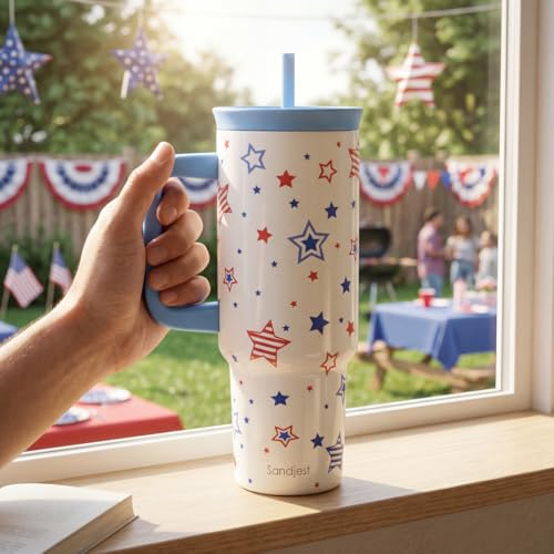 SANDJEST American Flag Stainless Steel Locking Lid Silicone Straw Tumbler with Handle 40oz, Insulated Stainless Steel Travel Cup for Women Girls Friends, Gift Idea for Birthday July 4th (Star) - color: American Flag 2