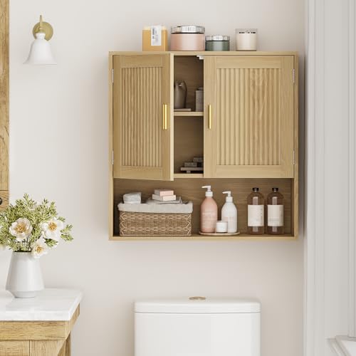 Fluted Bathroom Cabinet,Bathroom Wall Cabinet with Adjustable Shelves,Wooden Wall Storage Cabinet for Bathroom,Kitchen,Living Room,Bedroom