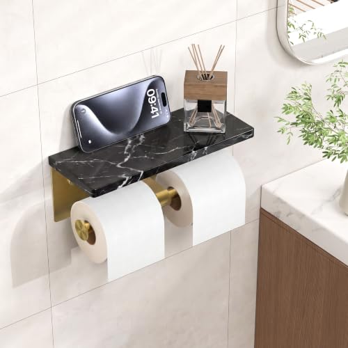 FORIOUS Double Toilet Paper Holder with Shelf, Wall Mount Tissue Roll Holder for Bathroom, 304 Stainless Steel Commercial Toilet Tissue Dispensers with Phone Shelf (1, Gold-Marble) - color: Gold-marble