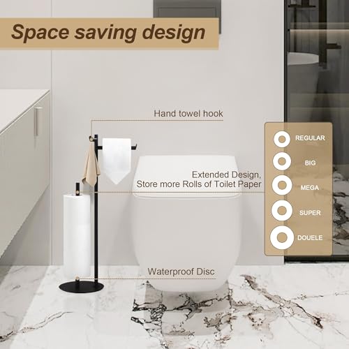BVL Toilet Paper Holder Stand, Matte Black with Extra Heavy Base, Holds 5 Rolls, Waterproof Pad, Minimalist Design, 304 Stainless Steel, Rustproof & Space-Saving with Hook - color: Black